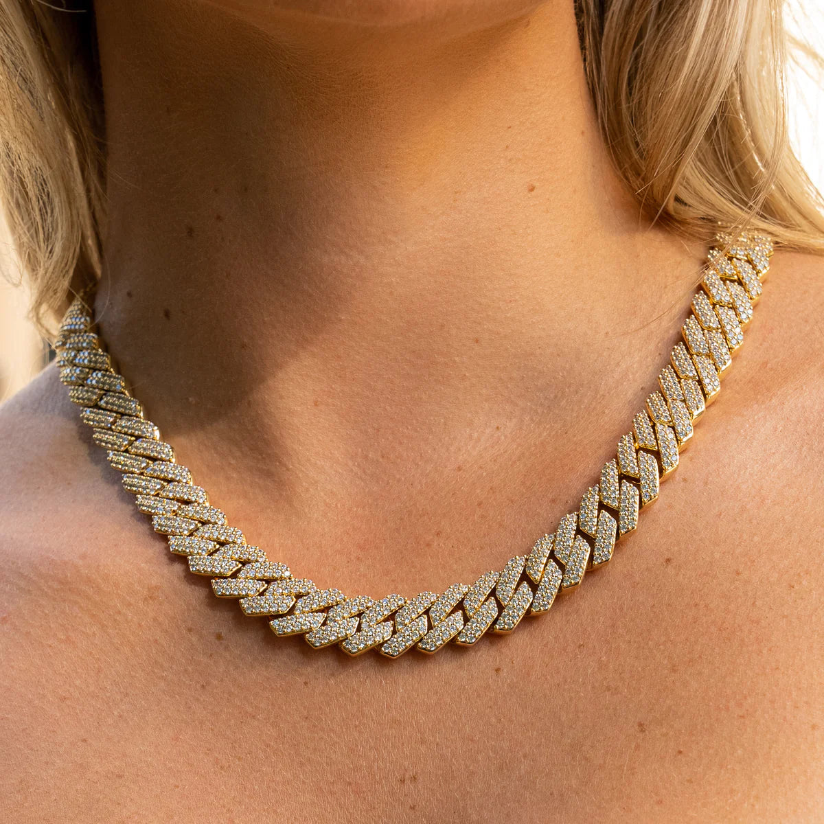 15mm Diamond Prong Link Chain - Gold