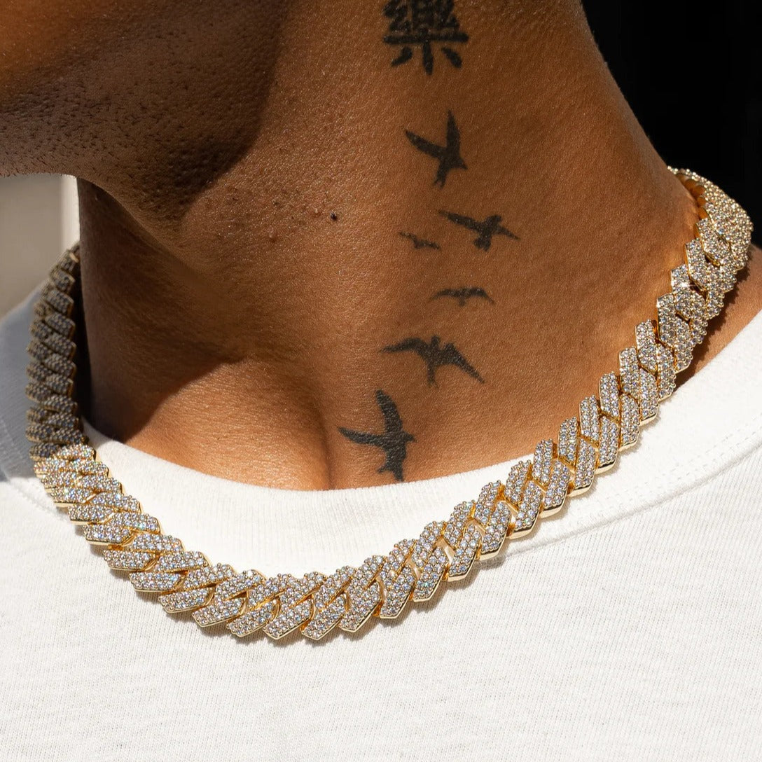 15mm Diamond Prong Link Chain - Gold